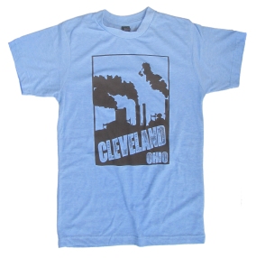 'Cleveland Smokestacks' in Brown on Athletic Blue Tee